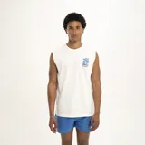 Musculosa blanca con estampado de palmera y texto "Pulau" en el pecho.