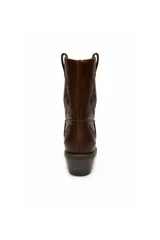 Bota estilo texana de caña media, color negro, con costuras decorativas y bordados en tono sobre tono. Cuenta con taco bloque y puntera perfilada.
