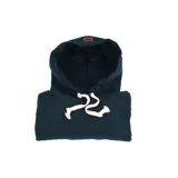 Buzo deportivo verde con capucha y cordones blancos. Tiene un pequeño logo en el pecho.