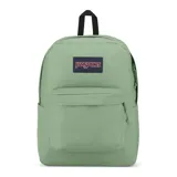 Mochila Jansport color verde claro con logo de la marca en el frente.
