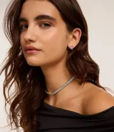 Conjunto de collar corto plateado con múltiples hileras de strass y esferas, acompañado de aros abridores con diseño de corazón calado.
