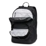 Mochila urbana Columbia de 30 litros en color negro, con dos compartimentos principales, funda acolchada para laptop, bolsillos laterales para botellas y bolsillo frontal con cierre. Incluye tiradores reflectantes y base acolchada.