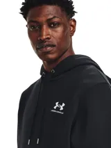 Buzo con capucha Under Armour de color negro, confeccionado en forro polar de mezcla de algodón con interior cepillado. Presenta bolsillo canguro delantero, puños y bajo acanalados, y el logotipo de la marca bordado en el pecho.