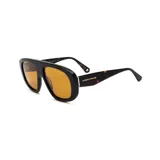 Lentes de sol con armazón de carey oscuro y diseño envolvente de una sola pieza. Presentan cristales en tono ámbar y detalles metálicos dorados en las patillas con la inscripción Gang x Prune.