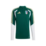 Buzo de entrenamiento Adidas Tiro para la selección de fútbol de Italia, color verde oscuro con mangas blancas y detalles en dorado. Presenta cuello alto con cierre parcial (quarter-zip), logo de Adidas y escudo de Italia en el pecho. Posee las tres franjas de Adidas en los hombros en dorado y blanco.