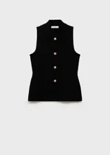 Chaleco negro sin mangas con cuello camisero, cierre frontal con botones dorados y diseño entallado.