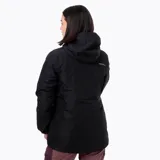 Campera impermeable Merrell de corte técnico, color negro, con capucha ajustable, cierre frontal waterproof, bolsillos frontales con solapa, ventilación bajo las axilas y puños ajustables.