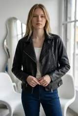 Campera estilo biker de ecocuero negro, con cierre frontal cruzado, solapas con broches y bolsillos laterales con cierre.