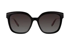 Lentes de sol Azzaro con armazón de acetato negro y diseño de marco completo. Presentan cristales polarizados en tono degradado y patillas con acabado en tono rojizo oscuro.