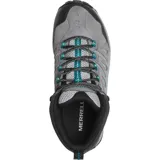 Bota de senderismo Merrell modelo Crosslander 3 Mid Wp, color gris con detalles en negro y turquesa. Confeccionada en gamuza y malla transpirable, cuenta con membrana impermeable, puntera protectora y suela de goma con tracción.