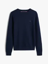 Sweater Tommy Hilfiger de punto texturizado color azul marino, con cuello redondo y mangas largas. Presenta detalles de punto canalé en el cuello, los puños y el bajo, además de un pequeño logo bordado en el pecho.