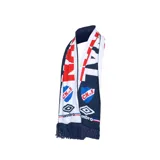 Bufanda de lana de diseño tricolor con los colores del Club Nacional de Football (azul, blanco y rojo), con franjas con la inscripción del equipo, el escudo institucional y el logo de Umbro, finalizando con flecos en los extremos.