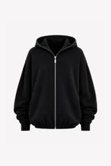 Campera tipo hoodie oversize confeccionada en felpa de algodón, con cierre frontal metálico completo, capucha amplia y puños y ruedo elásticos.