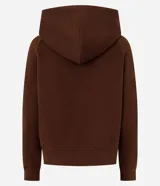 Saco femenino de algodón con capucha ajustable, mangas largas, cierre frontal con cremallera y bolsillos laterales.