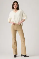 Pantalón de corduroy color beige, de tiro alto y corte flare.