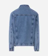 Campera de jean azul para hombre, con efecto desteñido, cuello inglés, cierre frontal de botones metálicos y bolsillos frontales con solapa.