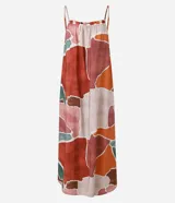Vestido midi Marfinno de viscosa con estampado geométrico multicolor, escote en U con detalle fruncido, breteles finos y corte amplio de caída fluida.