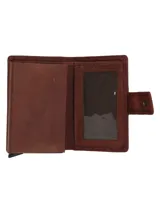 Billetera de cuero natural de primera calidad en color marrón, con diseño compacto, trabilla con cierre de broche y logo grabado en la esquina inferior. Cuenta con tecnología RFID para protección de datos.