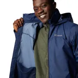 Campera impermeable Columbia modelo Glennaker Lake, color azul marino. Presenta cierre frontal completo, capucha oculta en el cuello, bolsillos laterales con cierre y puños ajustables. Diseño ligero y funcional con tecnología Omni-Shield para protección contra la humedad.