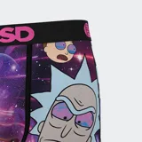 Calzoncillos bóxer estampados con diseño de Rick y Morty sobre un fondo galáctico.