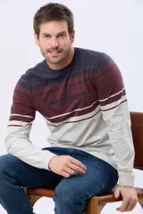 Remera de manga larga con diseño de rayas horizontales en tonos azul marino, bordó y gris. Presenta cuello redondo y un bordado en relieve en el pecho con la inscripción Legacy Established Brand.