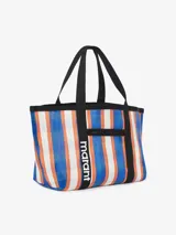 Bolso tipo tote Marant Darwen de nylon, con estampado de rayas verticales en tonos azul, naranja y blanco. Cuenta con asas superiores negras, bolsillo delantero y la inscripción de la marca en contraste.