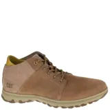 Botas Caterpillar modelo Science Mid, de caña media, confeccionadas en cuero nobuck color marrón con paneles laterales texturizados en tono beige. Presentan cierre con cordones, cuello acolchado en color mostaza y suela de goma dentada para mayor tracción.