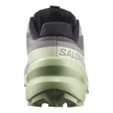 Calzado de trekking Salomon modelo Speedcross 6, en tonos gris y verde claro, diseñadas para trail running con suela de gran tracción y cordones de ajuste rápido.