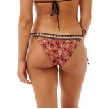 Parte inferior de bikini Rip Curl Soleil Tie Side Cheeky, color rojo con estampado floral y ribete negro con diseño geométrico.