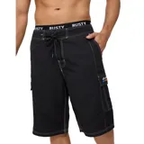 Short de baño negro con cintura elástica con logo de la marca Rusty en blanco.