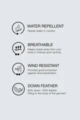 Campera puffer negra con capucha, cierre frontal con cremallera, bolsillos laterales con cremallera y puños elásticos.