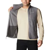 Chaleco de forro polar Columbia con cierre frontal completo, cuello alto, bolsillo vertical en el pecho y bolsillos laterales, todos con cierre.