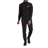 Conjunto deportivo Adidas para hombre, compuesto por una campera con cierre frontal y cuello alto, y un pantalón de corte ajustado. Ambas piezas son de color negro y presentan el logo de la marca bordado en blanco.