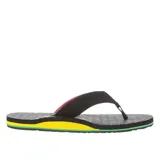Ojotas Volcom modelo Eco Recliner 2, color negro con detalles en rojo, amarillo y verde. Tienen plantilla moldeada con soporte de arco y capellada textil resistente al agua.