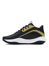Championes de básquetbol Under Armour Lockdown 7, color negro con detalles en dorado y entresuela blanca. Presentan parte superior de malla transpirable con superposiciones de cuero y película para mayor sujeción, entresuela de EVA para una pisada ligera y reactiva, y suela exterior de caucho con patrón de tracción en espiga.