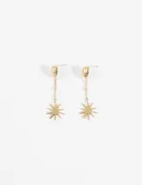 Caravanas colgantes de acero quirúrgico color dorado, con diseño de dije en forma de sol y cadena fina.