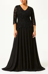 Vestido largo de fiesta negro con escote en V, mangas 3/4 de encaje floral y falda de gasa.