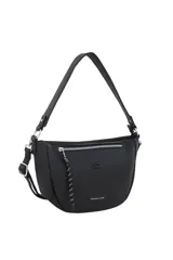 Cartera bandolera Oreiro de cuero sintético negro, con cierre superior, bolsillo frontal con cierre y tirador de cordón estampado. Presenta detalle de aplique de labios y logo impreso en la parte frontal, además de asa ajustable.