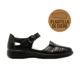Sandalias negras de cuero estilo franciscanas, con suela baja, plantilla de cuero y tira ajustable con hebilla en el tobillo.