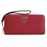 Billetera grande tipo clutch de Guess, color rojo texturizado, con correa de muñeca negra desmontable. Presenta el logo triangular de Guess en metal plateado en el frente.