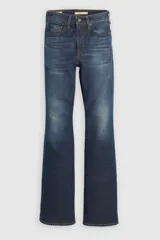 Jeans de tiro alto con corte acampanado, confeccionados en denim azul oscuro con efecto de lavado localizado. Presentan cierre de cremallera y botón, con bolsillos laterales y traseros.