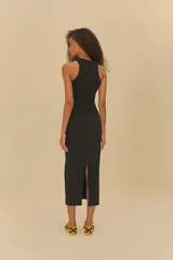 Vestido midi negro de canalé con estampado de aves de Farm Rio, escote redondo y tirantes finos.