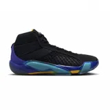 Championes de básquetbol Air Jordan 38, modelo Fundamentals, con diseño de caña media en color negro con detalles en azul, turquesa y amarillo. Presentan una estructura superior combinada con malla y refuerzos laterales, y una suela con tecnología de amortiguación visible.