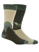 Medias de caña alta marca RKF, confeccionadas en fibra de bambú, con diseño estampado de montañas en tonos verde, beige y marrón.