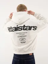 Canguro blanco con capucha, con gran estampado en la espalda en color negro que incluye texto y logotipos de la marca.