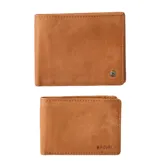 Billetera plegable de cuero color marrón, con diseño compacto y funcional. Incluye sistema 2 en 1 con billetera interna extraíble, múltiples ranuras para tarjetas, ventana transparente para identificación y protección RFID.
