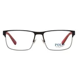 Anteojos de receta Polo Ralph Lauren modelo 1215, con marco rectangular de metal negro en la parte superior y borde inferior al aire. Presenta patillas con interior en color rojo.