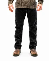 Pantalon de pana negra con textura acanalada, corte recto y diseño de cinco bolsillos.