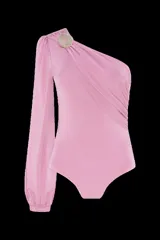 Body de un solo hombro confeccionado en jersey elástico. Presenta un diseño drapeado con una hebilla decorativa dorada en el hombro, manga larga con puño y detalle de fruncido en la cintura.