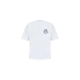 Remera blanca de manga corta de la marca Allsaints, con cuello redondo y diseño gráfico estampado en el pecho.